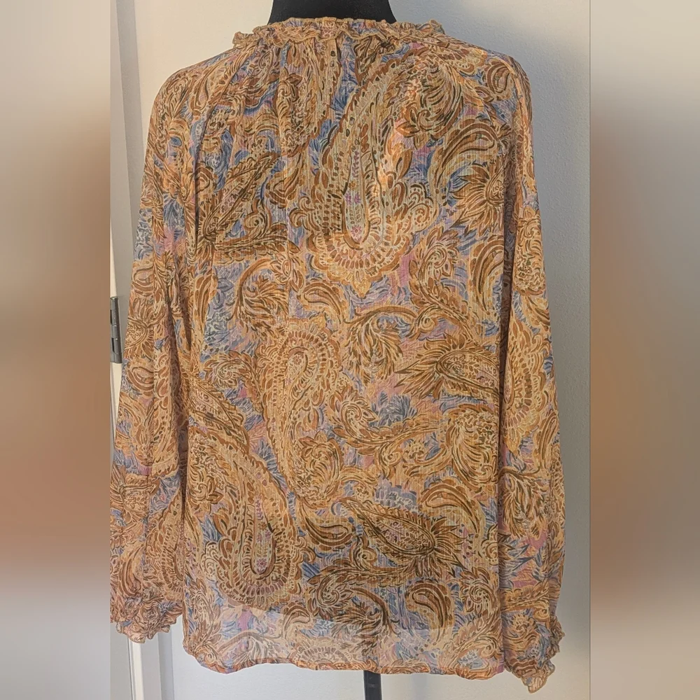 Democracy Womens Yellow Brown Paisley Sheer Peasant Top + Blouse Size L $88 EUC - Picture 6 of 13